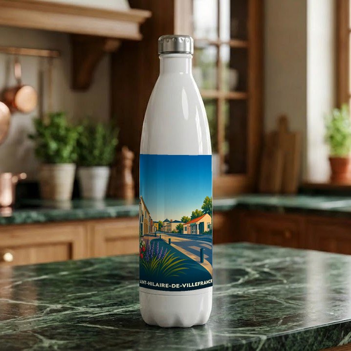 Gourde souvenir de la ville de Saint-Hilaire-de-Villefranche avec une illustration stylisée.