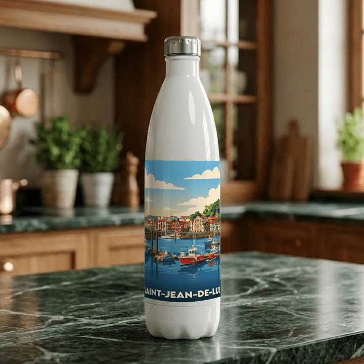 Gourde souvenir de la ville de Saint-Jean-de-Luz avec une illustration stylisée de son port.