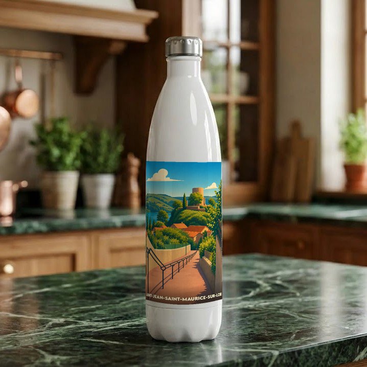 Gourde souvenir de la ville de Saint-Jean-Saint-Maurice-sur-Loire avec une illustration stylisée.