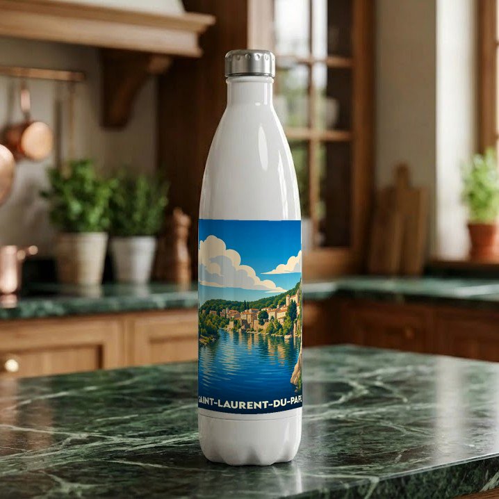 Gourde souvenir de Saint-Laurent-du-Pape ornée d'une illustration stylisée du village en bord de rivière.