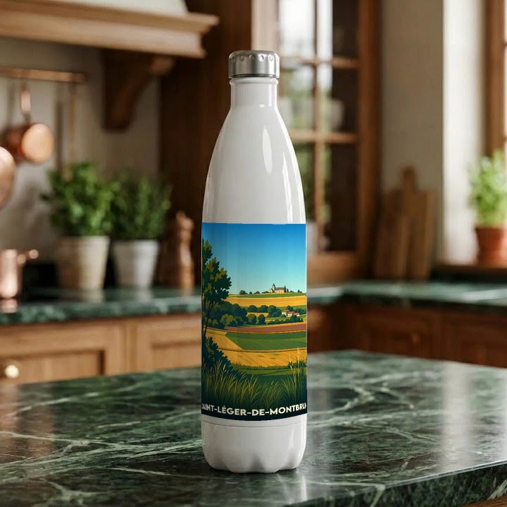 Gourde souvenir de la ville de Saint-Léger-de-Montbrun avec une illustration de paysages champêtres.
