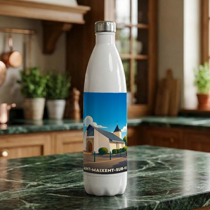 Gourde souvenir de la ville de Saint-Maixent-sur-Vie avec une illustration stylisée de son église.