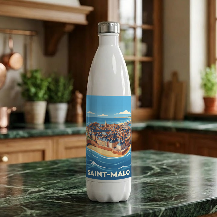 Gourde souvenir de la ville de Saint-Malo avec une illustration stylisée.