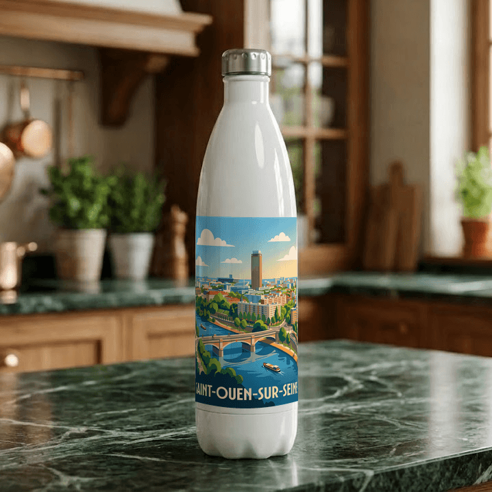 Gourde souvenir de la ville de Saint-Ouen-sur-Seine avec une illustration stylisée de son paysage urbain.