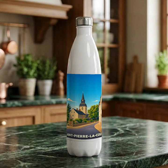 Gourde souvenir de la ville de Saint-Pierre-la-Cour ornée d'une illustration stylisée de son église.