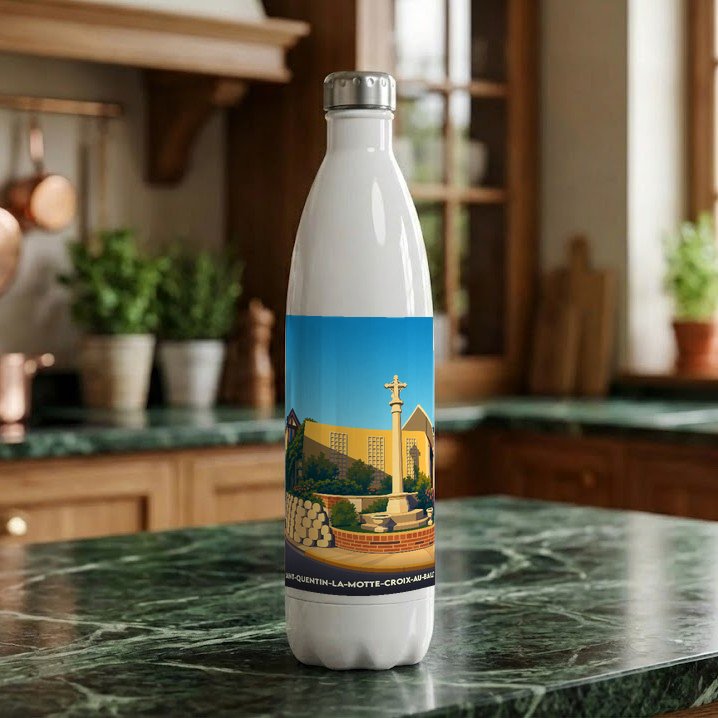 Gourde souvenir de Saint-Quentin-la-Motte-Croix-au-Bailly avec une illustration stylisée de son monument.