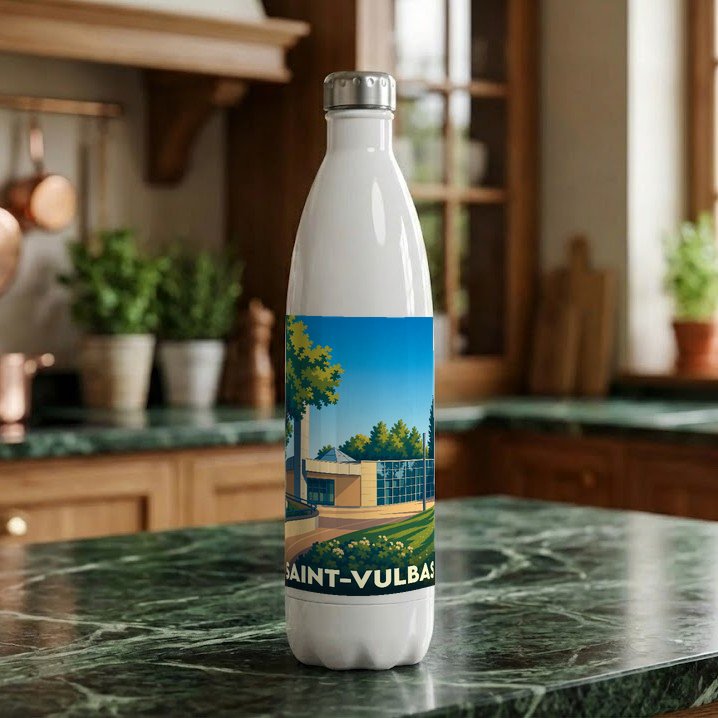 Gourde blanche souvenir de la ville de Saint-Vulbas avec une illustration stylisée et colorée.