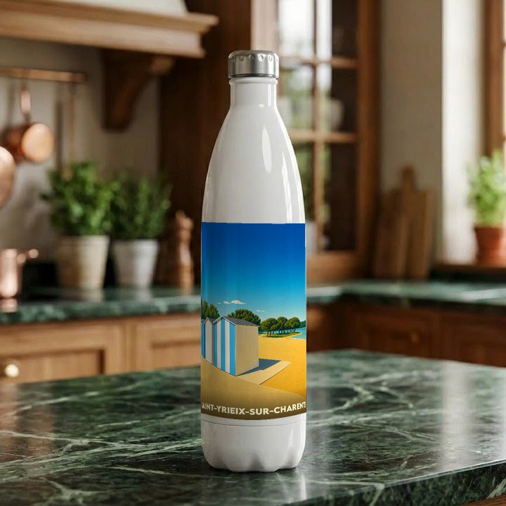 Gourde souvenir de la ville de Saint-Yrieix-sur-Charente avec une illustration stylisée de cabines de plage.