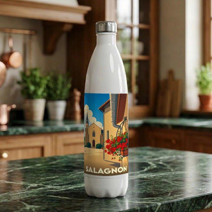 Gourde blanche souvenir de la ville de Salagnon avec une illustration stylisée.