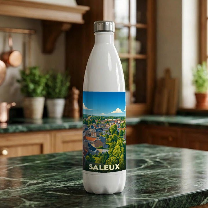 Gourde souvenir de la ville de Saleux ornée d'une illustration paysagère colorée.
