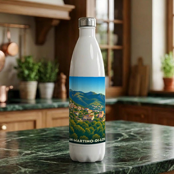 Gourde souvenir de la ville de San-Martino-di-Lota avec une illustration stylisée de son paysage vallonné.