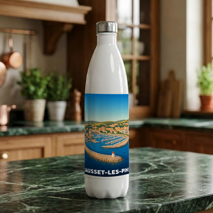 Gourde blanche en métal souvenir de Sausset-les-Pins avec une illustration stylisée de son port.