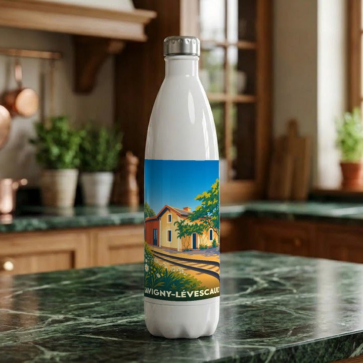 Gourde souvenir de la ville de Savigny-Lévescault avec une illustration stylisée.