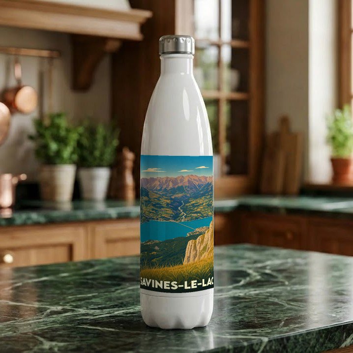 Gourde souvenir de la ville de Savines-le-Lac avec une illustration stylisée de son paysage montagneux et de son lac.
