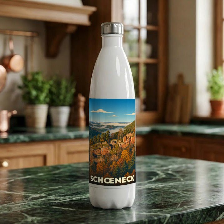 Gourde blanche souvenir de la ville de Schœneck avec une illustration panoramique de ses paysages et ruines de château.