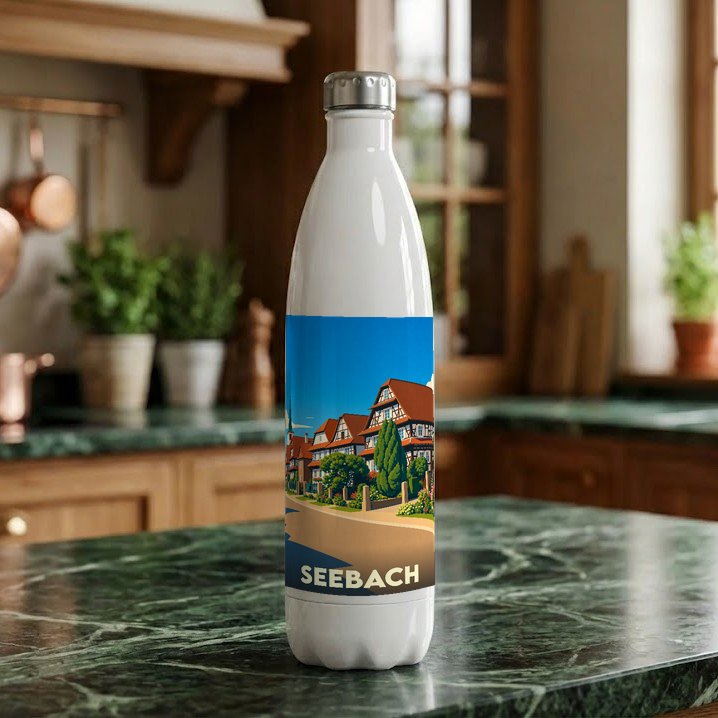 Gourde souvenir de la ville de Seebach avec une illustration stylisée.