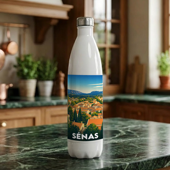 Gourde souvenir de la ville de Sénas avec une illustration stylisée de ses paysages provençaux.