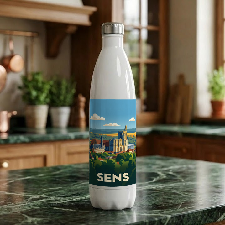 Gourde souvenir de la ville de Sens avec une illustration stylisée de sa cathédrale.