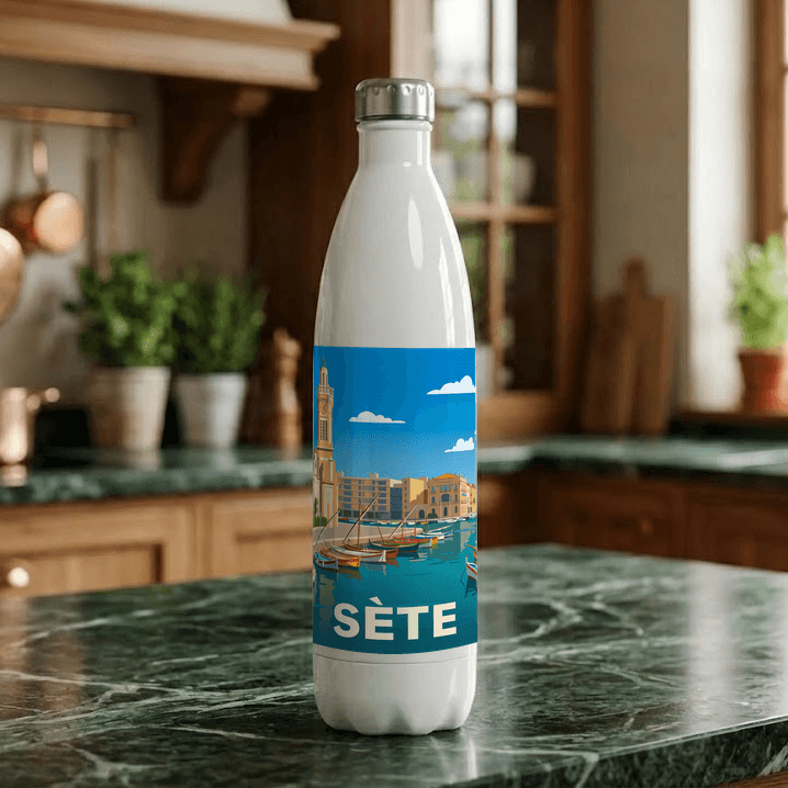 Gourde souvenir de la ville de Sète avec une illustration stylisée de son port.