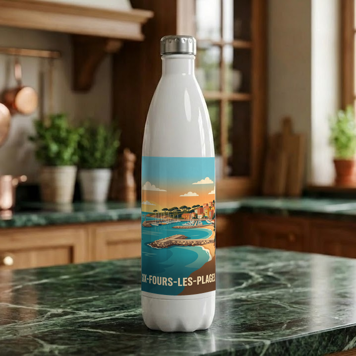 Gourde souvenir de la ville de Six-Fours-les-Plages avec une illustration stylisée.