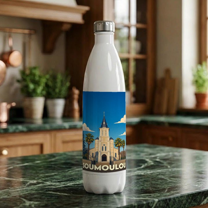 Gourde blanche souvenir de la ville de Soumoulou illustrée d'un dessin stylisé de son église.