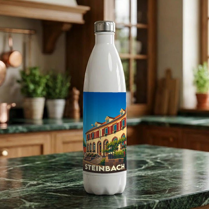 Gourde souvenir de la ville de Steinbach avec une illustration stylisée d'un bâtiment traditionnel.