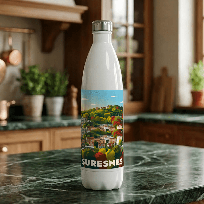 Gourde blanche souvenir de la ville de Suresnes avec une illustration stylisée et colorée du paysage urbain.