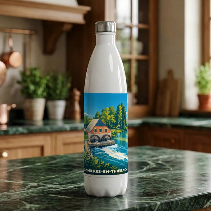 Gourde souvenir de Taisnières-en-Thiérache illustrée d'un moulin à eau stylisé au bord d'une rivière.