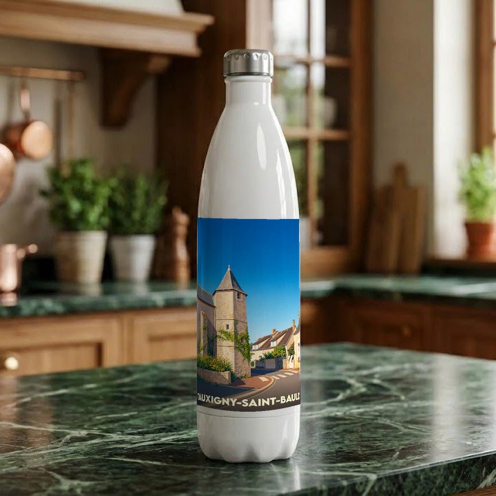 Gourde blanche souvenir de la ville de Tauxigny-Saint-Bauld avec une illustration stylisée d'un bâtiment historique.