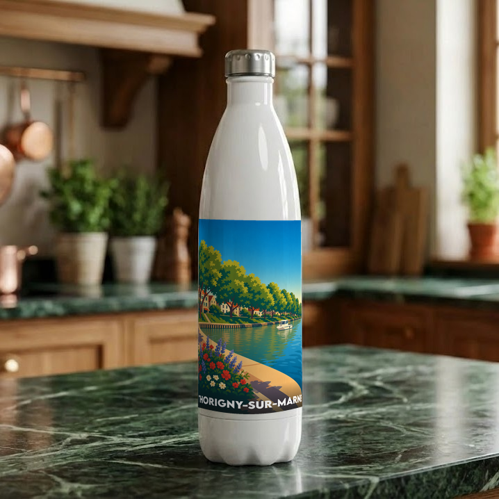 Gourde souvenir de la ville de Thorigny-sur-Marne avec une illustration stylisée des bords de Marne.