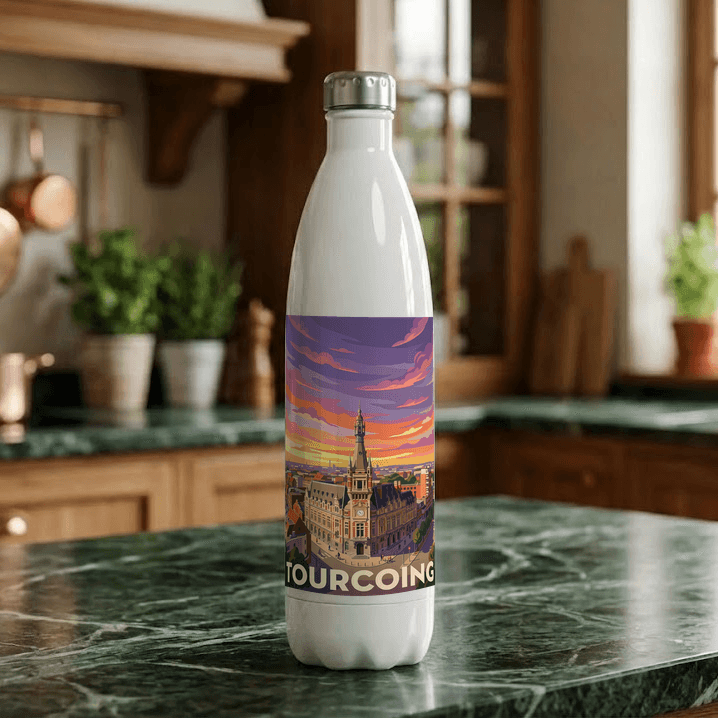 Gourde souvenir de la ville de Tourcoing avec une illustration stylisée de son hôtel de ville au coucher du soleil.
