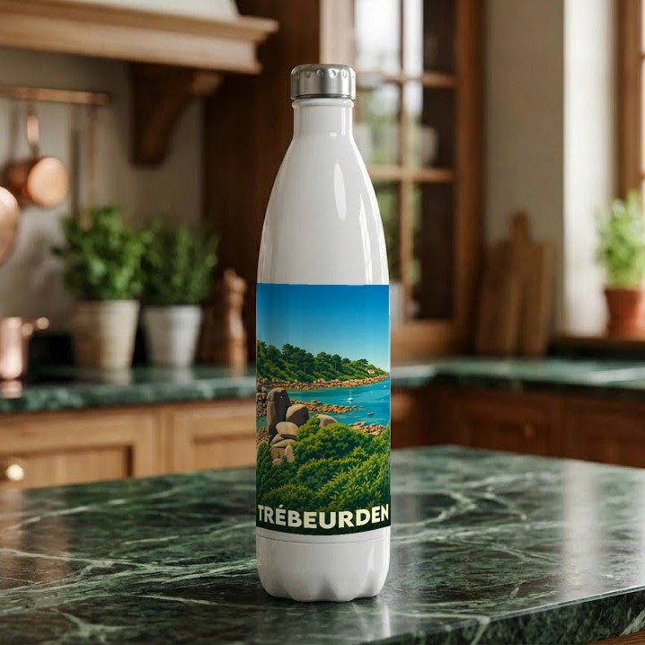 Gourde blanche souvenir de la ville de Trébeurden ornée d'une illustration de paysage côtier.