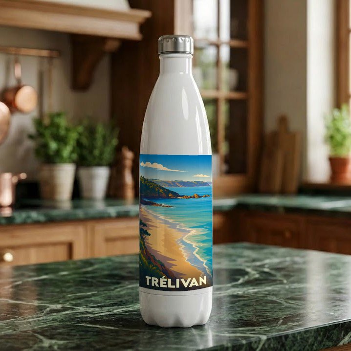 Gourde blanche souvenir de la ville de Trélivan avec une illustration stylisée de bord de mer.