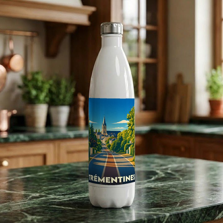 Gourde souvenir de la ville de Trémentines avec une illustration stylisée.