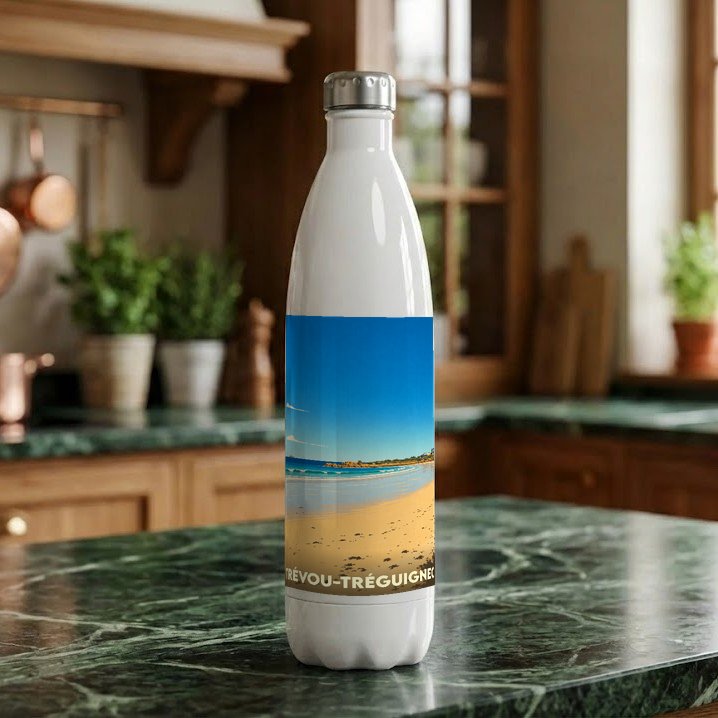Gourde souvenir de la ville de Trévou-Tréguignec avec une illustration stylisée de sa plage.