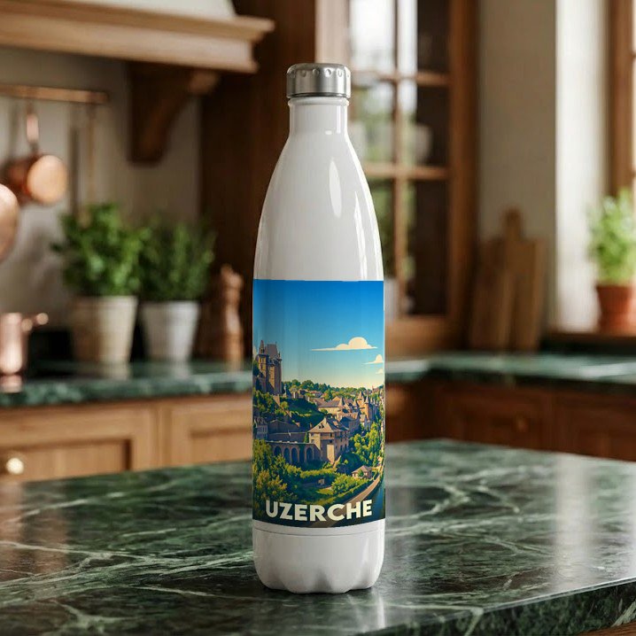Gourde blanche souvenir de la ville d'Uzerche ornée d'une illustration panoramique stylisée.