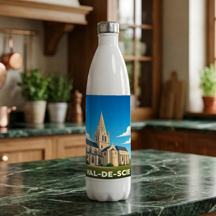 Gourde souvenir de la ville de Val-de-Scie avec une illustration stylisée de son église.