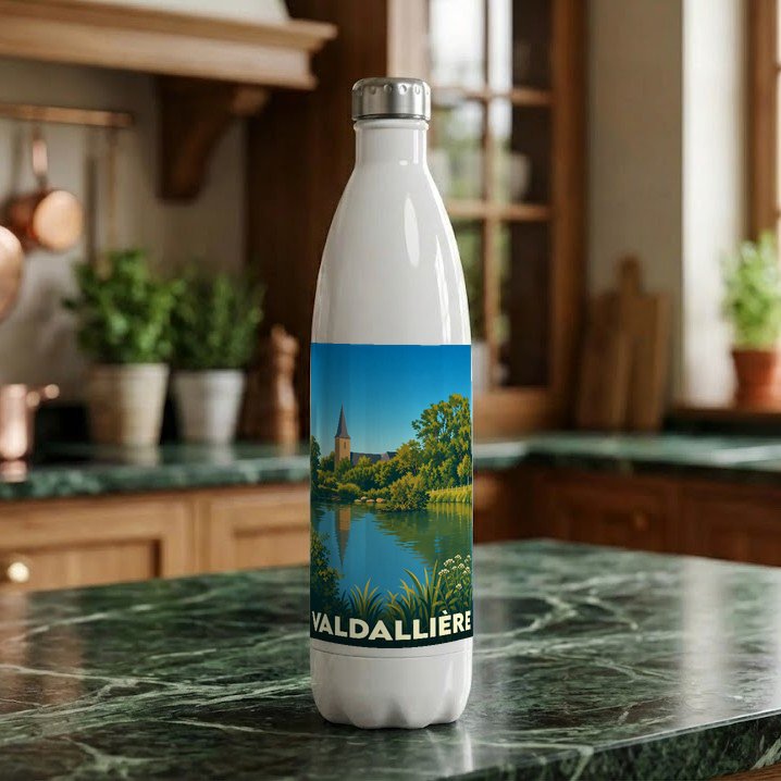 Gourde souvenir de la ville de Valdallière ornée d'une illustration paysagère stylisée.