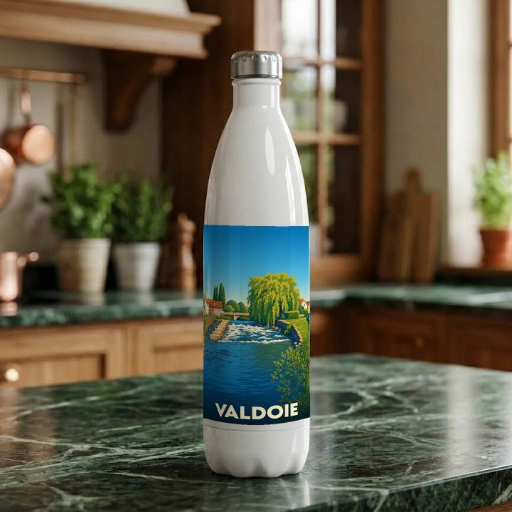 Gourde souvenir de la ville de Valdoie avec une illustration stylisée d'un paysage de rivière.