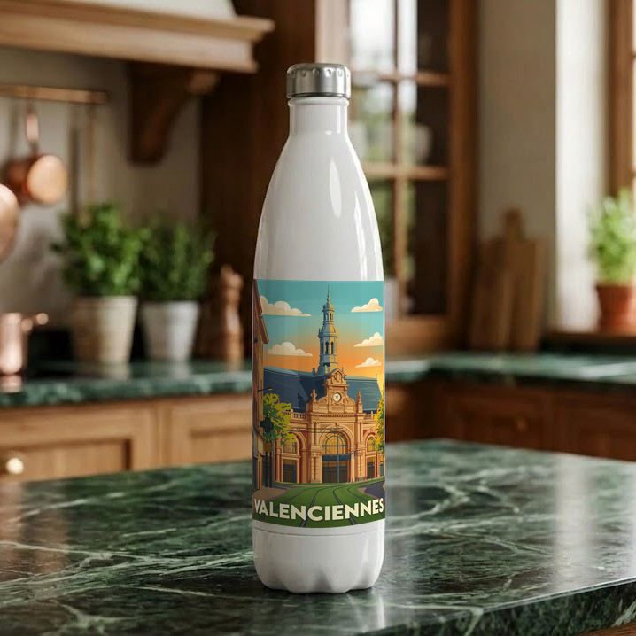 Gourde souvenir de la ville de Valenciennes avec une illustration stylisée.