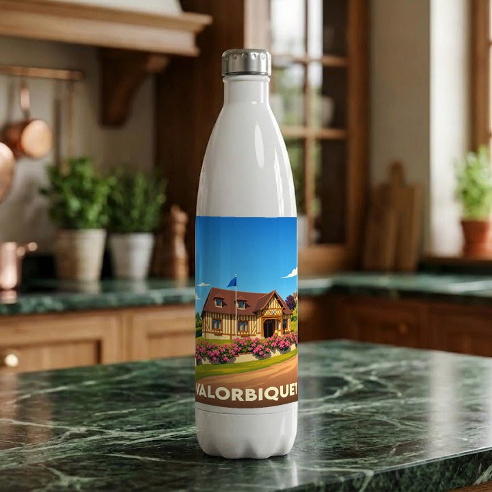 Gourde souvenir de la ville de Valorbiquet avec une illustration stylisée d'une maison normande.