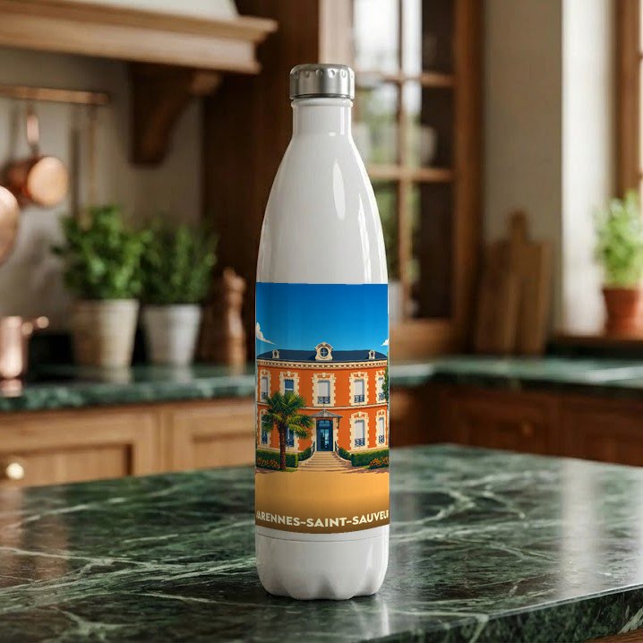 Gourde blanche souvenir de la ville de Varennes-Saint-Sauveur avec une illustration stylisée d'un bâtiment historique.