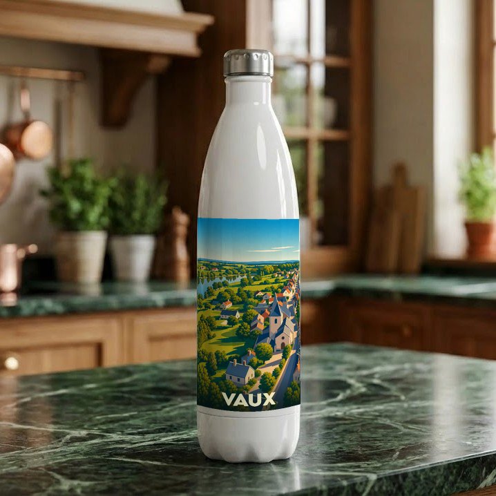 Gourde souvenir de la ville de Vaux avec une illustration paysagère stylisée.