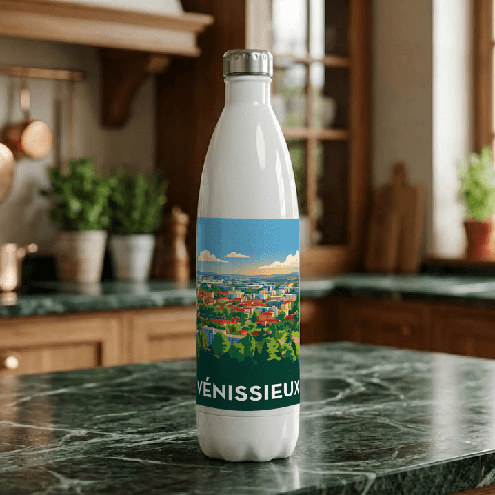 Gourde souvenir de la ville de Vénissieux avec une illustration stylisée.
