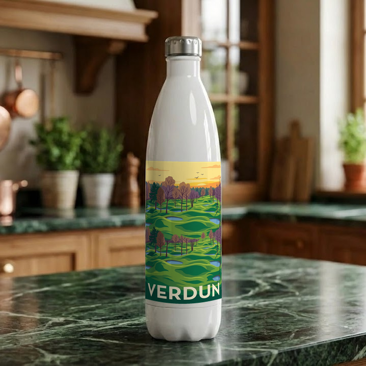 Gourde souvenir de la ville de Verdun avec une illustration stylisée de paysage.
