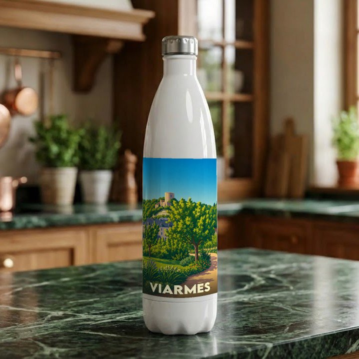 Gourde souvenir de la ville de Viarmes arborant une illustration paysagère stylisée.