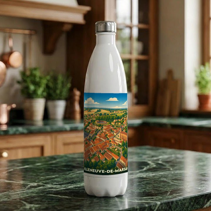 Gourde blanche souvenir de Villeneuve-de-Marsan illustrée d'une vue aérienne stylisée de la ville.