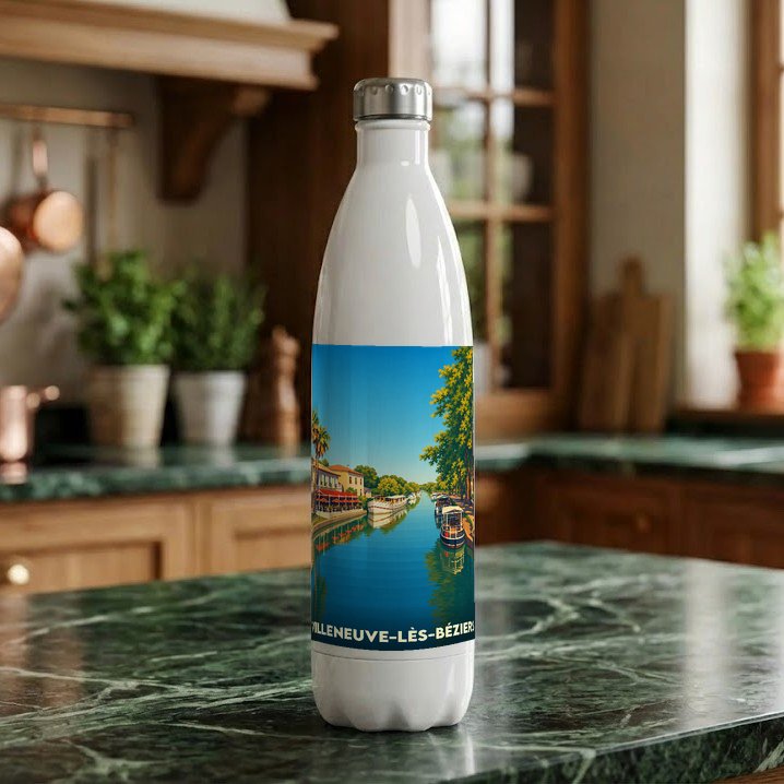 Gourde souvenir de la ville de Villeneuve-lès-Béziers avec une illustration stylisée du canal du Midi.