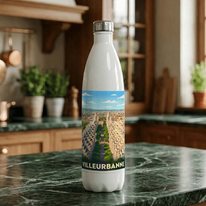 Gourde souvenir de la ville de Villeurbanne avec une illustration stylisée.