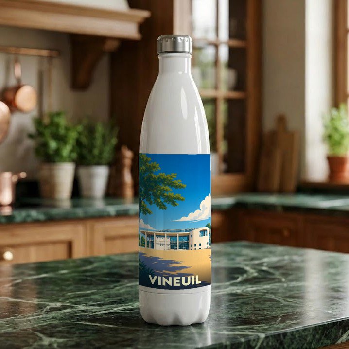 Gourde blanche souvenir de la ville de Vineuil ornée d'une illustration stylisée de son architecture locale.